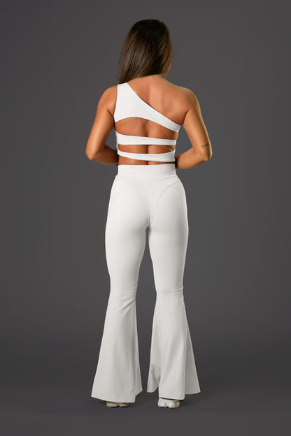 Set dama sport Asha Elevate ( top+ pantalon evazat) alb