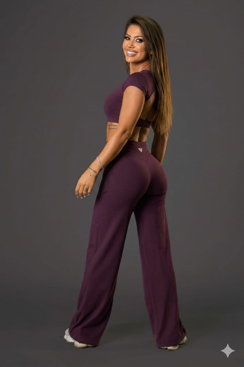 Set dama sport Naia Flex (top+ pantalon evazat) plum